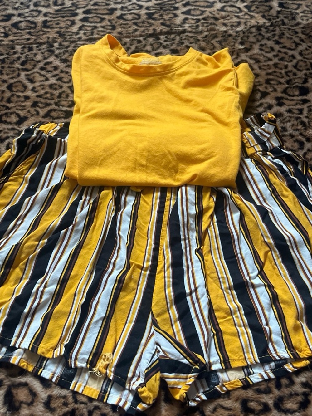 Women’s Casual Yellow Top with Yellow & Black Stripe Shorts Set